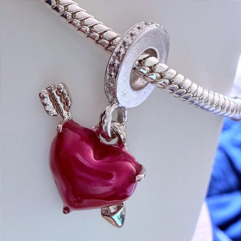 Pandora-like Bead Charm Fits Snake Chain Bracelet Red Heart Arrow Dangle